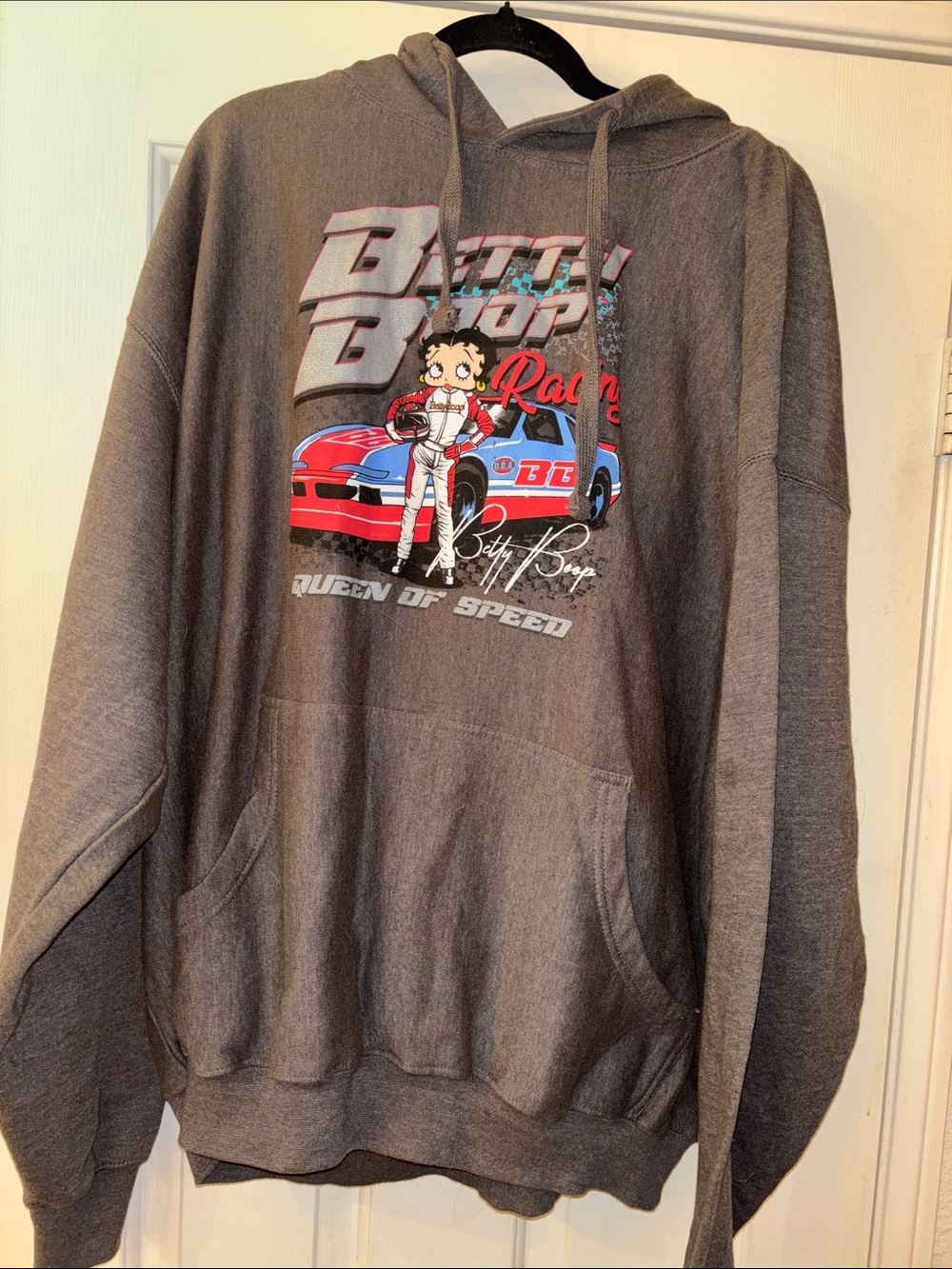 Betty Boop Gray Hoodie with Red & Blue Racing Graphic 2X EUC